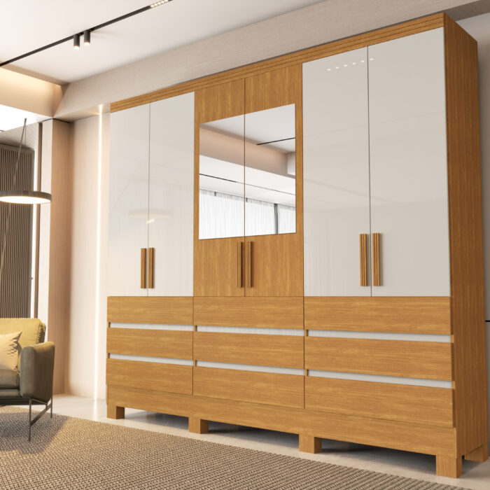 Roupeiro Argélia Nature-OffWhite Composê Espelho